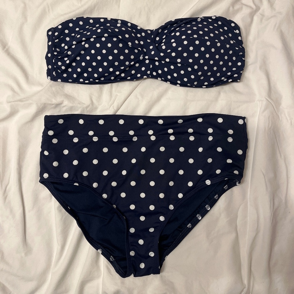Navy blue polka dot Lands End bikini 14 strapless high waisted